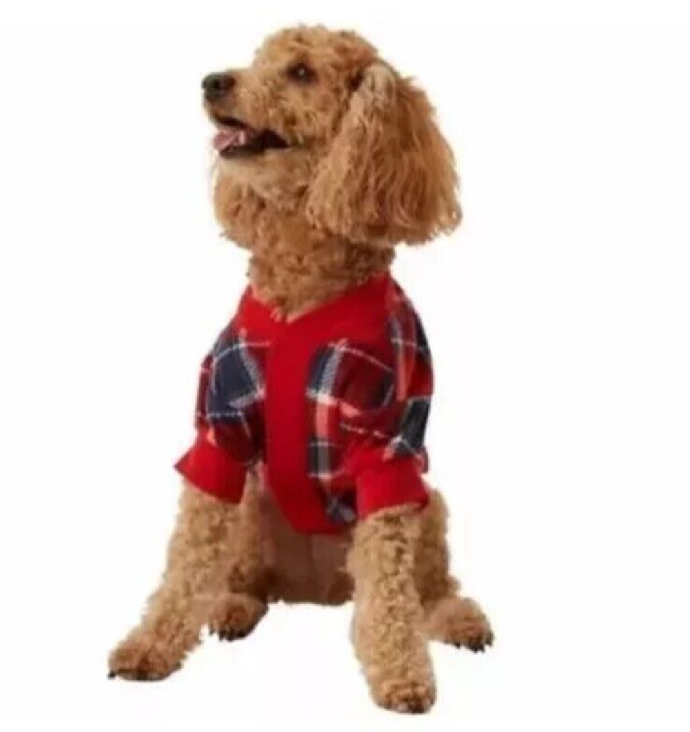 Eddie Bauer Dog Holiday Red Plaid Flannel Sweater LARGE Christmas Winter Picture